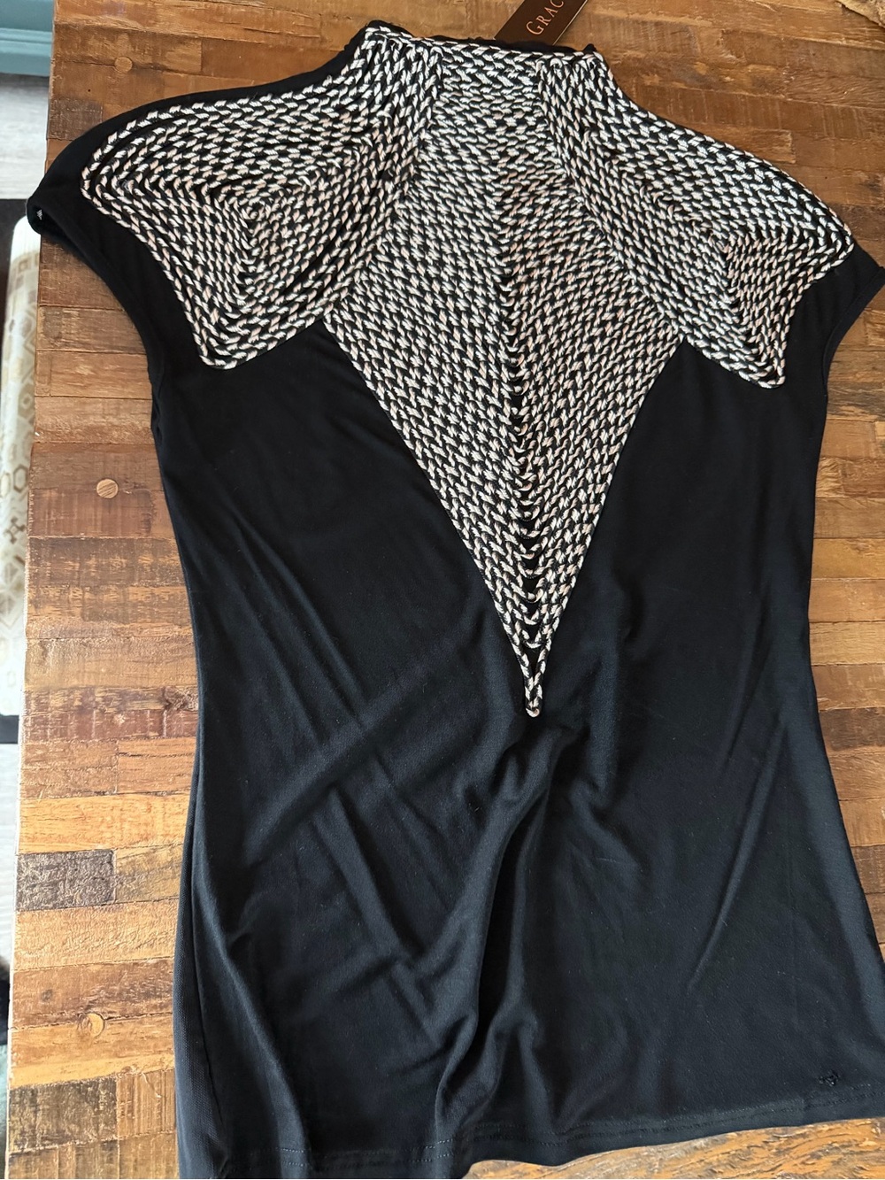 Gracia Black Top with Black-and-White Braided Chevron Trim